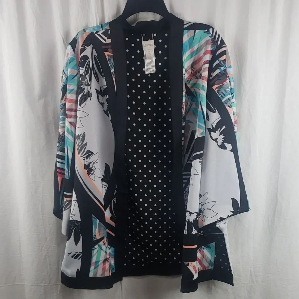 Chico's Women's 3 Black and White Polka Dot Floral Kimono Duster Jacket